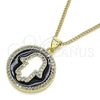 Oro Laminado Pendant Necklace, Gold Filled Style Hand of God Design, with White Micro Pave, Black Enamel Finish, Golden Finish, 04.313.0029.20