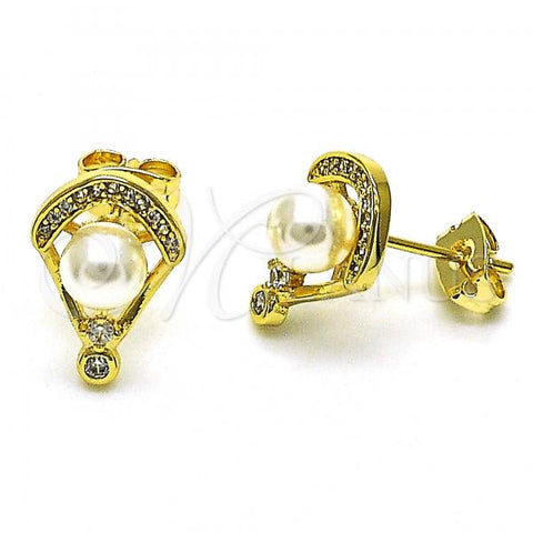Oro Laminado Stud Earring, Gold Filled Style with Ivory Pearl and White Micro Pave, Polished, Golden Finish, 02.156.0654