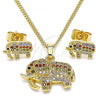 Oro Laminado Earring and Pendant Adult Set, Gold Filled Style Elephant Design, with Multicolor Micro Pave, Polished, Golden Finish, 10.284.0022.1
