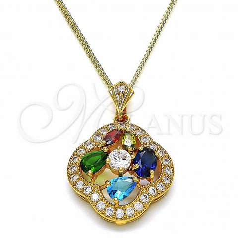 Oro Laminado Pendant Necklace, Gold Filled Style Flower and Teardrop Design, with Multicolor Cubic Zirconia, Polished, Golden Finish, 04.284.0021.20