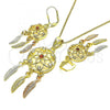 Oro Laminado Earring and Pendant Adult Set, Gold Filled Style Flower and Leaf Design, with Garnet and White Cubic Zirconia, Polished, Tricolor, 10.253.0001