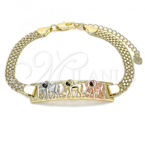 Oro Laminado Fancy Bracelet, Gold Filled Style Elephant Design, with Black Crystal, Polished, Tricolor, 03.380.0019.08