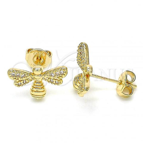 Oro Laminado Stud Earring, Gold Filled Style Bee Design, with White Micro Pave, Polished, Golden Finish, 02.156.0435