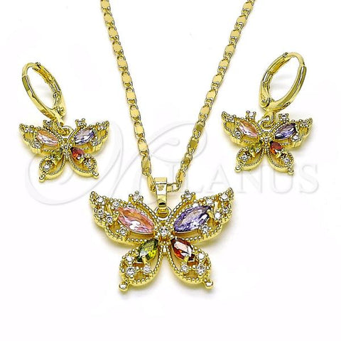 Oro Laminado Earring and Pendant Adult Set, Gold Filled Style Butterfly Design, with Multicolor and White Cubic Zirconia, Polished, Golden Finish, 10.196.0132