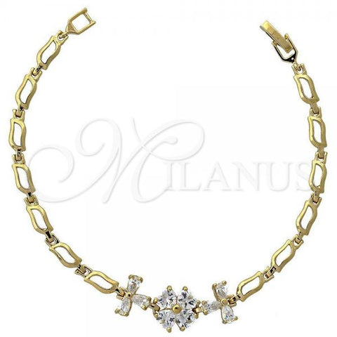 Oro Laminado Fancy Bracelet, Gold Filled Style Flower Design, with White Cubic Zirconia, Polished, Golden Finish, 5.027.011
