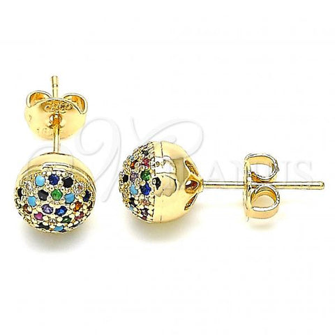 Oro Laminado Stud Earring, Gold Filled Style with Multicolor Micro Pave, Polished, Golden Finish, 02.156.0424.1