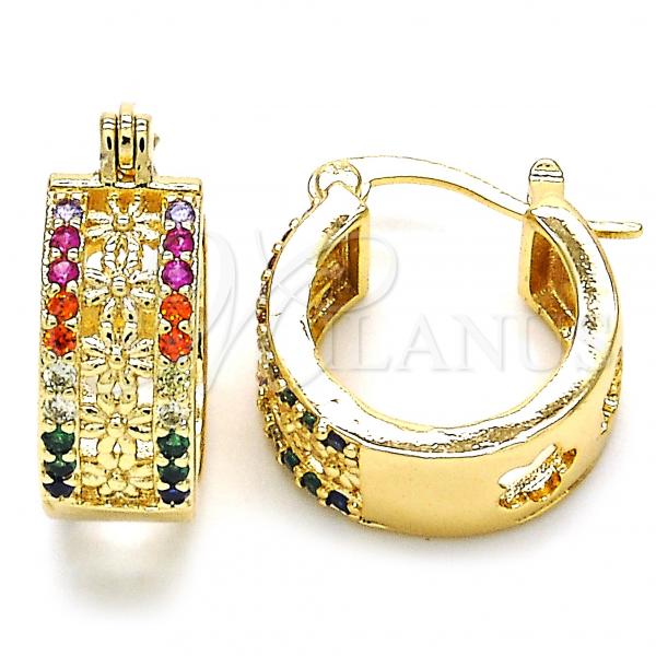 Oro Laminado Small Hoop, Gold Filled Style Flower Design, with Multicolor Cubic Zirconia, Polished, Golden Finish, 02.210.0275.3.15