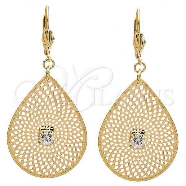 Oro Laminado Dangle Earring, Gold Filled Style Leaf and Filigree Design, with White Crystal, Diamond Cutting Finish, Golden Finish, 73.006