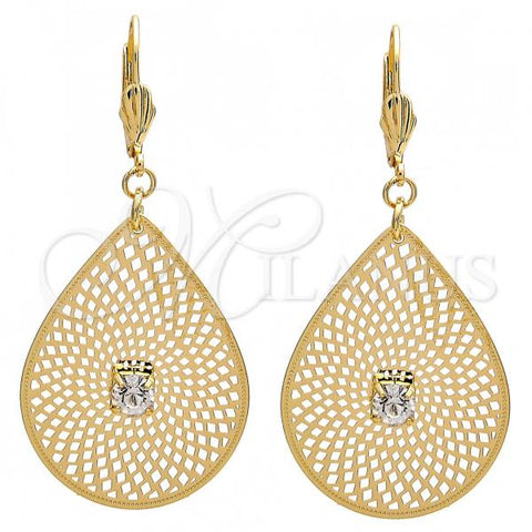 Oro Laminado Dangle Earring, Gold Filled Style Leaf and Filigree Design, with White Crystal, Diamond Cutting Finish, Golden Finish, 73.006