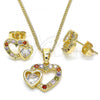 Oro Laminado Earring and Pendant Adult Set, Gold Filled Style Heart Design, with Multicolor Cubic Zirconia, Polished, Golden Finish, 10.210.0159.2