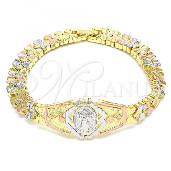 Oro Laminado Fancy Bracelet, Gold Filled Style Divino Niño and Heart Design, Diamond Cutting Finish, Tricolor, 03.100.0064.1.07