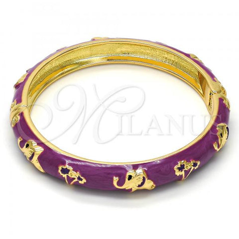 Oro Laminado Individual Bangle, Gold Filled Style Elephant and Flower Design, Purple Enamel Finish, Golden Finish, 07.246.0010.4.05 (10 MM Thickness, Size 5 - 2.50 Diameter)