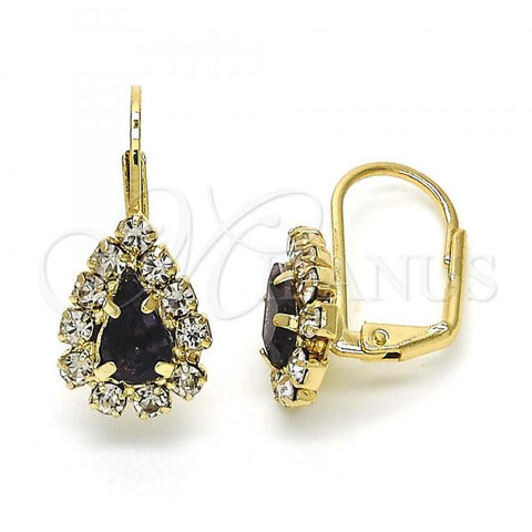 Oro Laminado Leverback Earring, Gold Filled Style Teardrop Design, with Amethyst and White Crystal, Polished, Golden Finish, 5.125.013