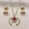Oro Laminado Earring and Pendant Adult Set, Gold Filled Style Heart and Wings Design, with Ruby and White Cubic Zirconia, Polished, Golden Finish, 10.196.0181