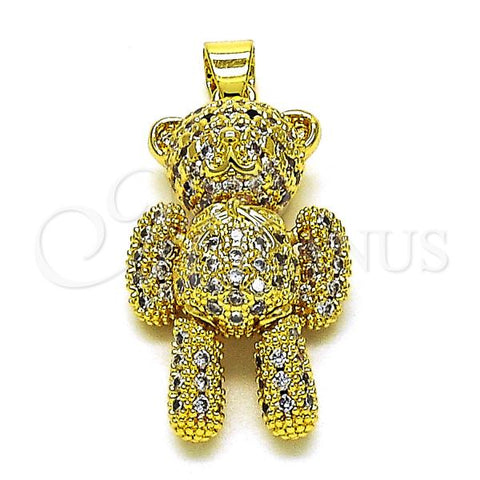 Oro Laminado Fancy Pendant, Gold Filled Style Teddy Bear and Bow Design, with White and Black Micro Pave, Polished, Golden Finish, 05.341.0088