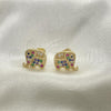 Oro Laminado Stud Earring, Gold Filled Style Elephant Design, with Multicolor Micro Pave, Polished, Golden Finish, 02.210.0355.1