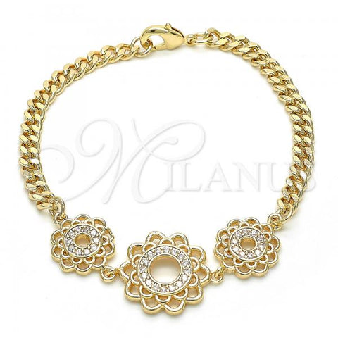 Oro Laminado Fancy Bracelet, Gold Filled Style Flower Design, with White Cubic Zirconia, Polished, Golden Finish, 03.233.0044.08