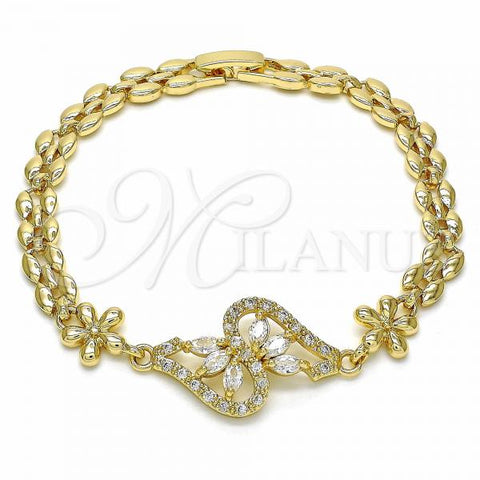 Oro Laminado Fancy Bracelet, Gold Filled Style Flower Design, with White Cubic Zirconia, Polished, Golden Finish, 03.357.0012.07