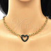 Oro Laminado Necklace and Bracelet, Gold Filled Style Paperclip and Heart Design, with Green Micro Pave, Polished, Black Rhodium Finish, 06.341.0004.4