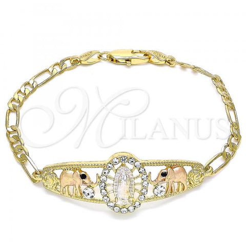 Oro Laminado Fancy Bracelet, Gold Filled Style Guadalupe and Elephant Design, with White and Black Crystal, Polished, Tricolor, 03.380.0044.1.08