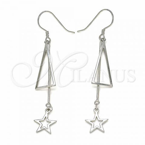 Sterling Silver Long Earring, Star Design, Polished, Rhodium Finish, 02.285.0105