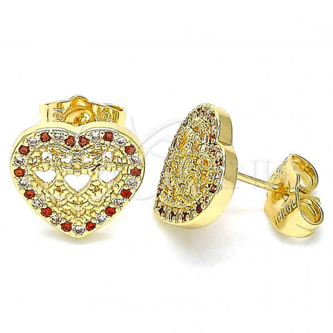 Oro Laminado Stud Earring, Gold Filled Style Heart Design, with Garnet and White Micro Pave, Polished, Golden Finish, 02.156.0502.1