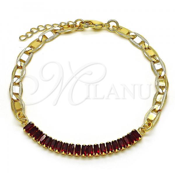 Oro Laminado Fancy Bracelet, Gold Filled Style Mariner Design, with Garnet Cubic Zirconia, Polished, Golden Finish, 03.130.0012.2.08