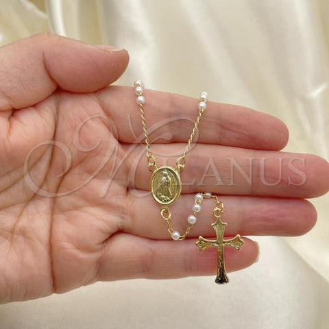 Oro Laminado Thin Rosary, Gold Filled Style Guadalupe and Cross Design, with Ivory Pearl, Polished, Golden Finish, 09.02.0050.18