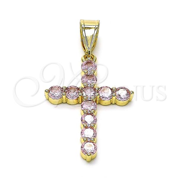 Oro Laminado Religious Pendant, Gold Filled Style Cross Design, with Pink Cubic Zirconia, Polished, Golden Finish, 05.253.0183.5