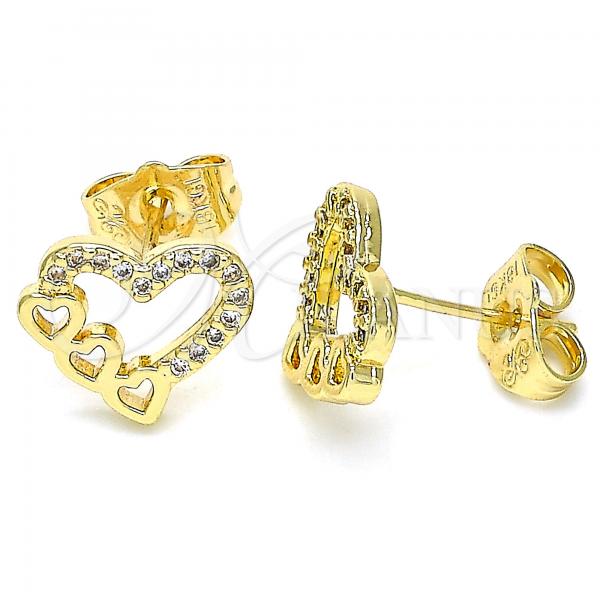 Oro Laminado Stud Earring, Gold Filled Style Heart Design, with White Micro Pave, Polished, Golden Finish, 02.156.0505