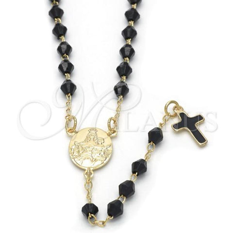 Oro Laminado Thin Rosary, Gold Filled Style Caridad del Cobre and Cross Design, with Black Azavache, Black Enamel Finish, Golden Finish, 09.02.0039.2.18