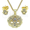 Oro Laminado Earring and Pendant Adult Set, Gold Filled Style Hand of God Design, with Sapphire Blue and White Micro Pave, Polished, Golden Finish, 10.156.0396.2