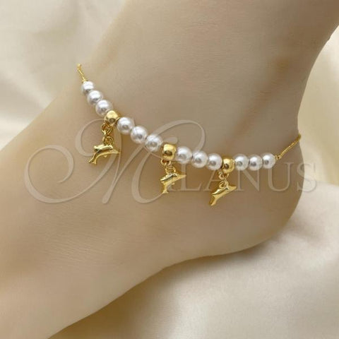 Oro Laminado Fancy Anklet, Gold Filled Style Dolphin and Ball Design, with Ivory Pearl, Polished, Golden Finish, 03.32.0630.10