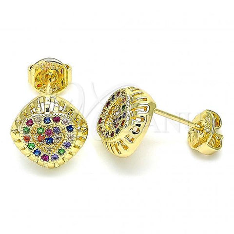 Oro Laminado Stud Earring, Gold Filled Style Heart Design, with Multicolor Micro Pave, Polished, Golden Finish, 02.156.0472.3