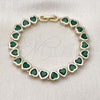 Oro Laminado Tennis Bracelet, Gold Filled Style Heart Design, with Green Cubic Zirconia, Polished, Golden Finish, 03.284.0058.2.07