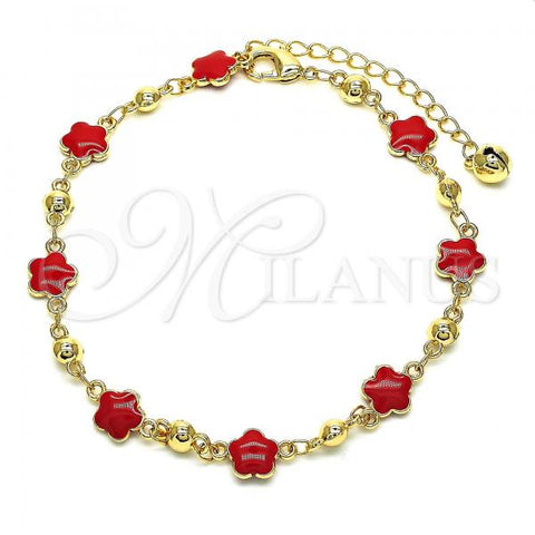 Oro Laminado Fancy Anklet, Gold Filled Style Flower Design, Red Enamel Finish, Golden Finish, 03.213.0015.6.10