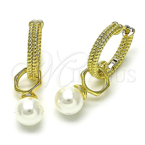 Oro Laminado Huggie Hoop, Gold Filled Style Ball Design, with Ivory Pearl, Diamond Cutting Finish, Golden Finish, 02.213.0732.18