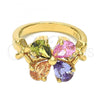 Oro Laminado Multi Stone Ring, Gold Filled Style Flower Design, with Multicolor and White Cubic Zirconia, Polished, Golden Finish, 5.172.008.07 (Size 7)