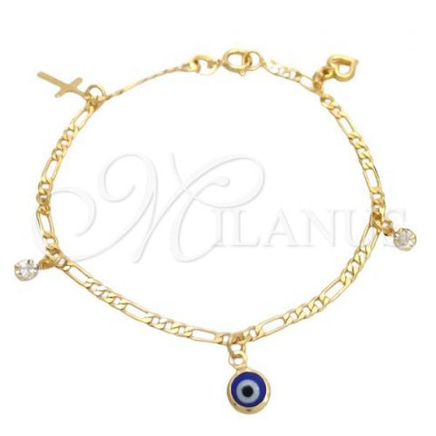 Oro Laminado Charm Bracelet, Gold Filled Style Evil Eye and Cross Design, Polished, Golden Finish, 03.58.0050.07