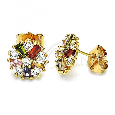 Oro Laminado Stud Earring, Gold Filled Style Flower Design, with Multicolor Cubic Zirconia, Polished, Golden Finish, 02.387.0086.1