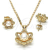 Oro Laminado Earring and Pendant Adult Set, Gold Filled Style Flower and Ball Design, with Ivory Pearl and White Crystal, Polished, Golden Finish, 10.156.0085