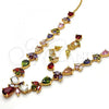 Oro Laminado Necklace and Earring, Gold Filled Style Teardrop and Leaf Design, with Multicolor Cubic Zirconia, Polished, Golden Finish, 06.205.0001