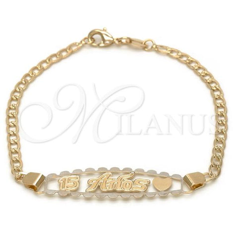 Oro Laminado ID Bracelet, Gold Filled Style Heart and Curb Design, Polished, Golden Finish, 03.32.0145.07
