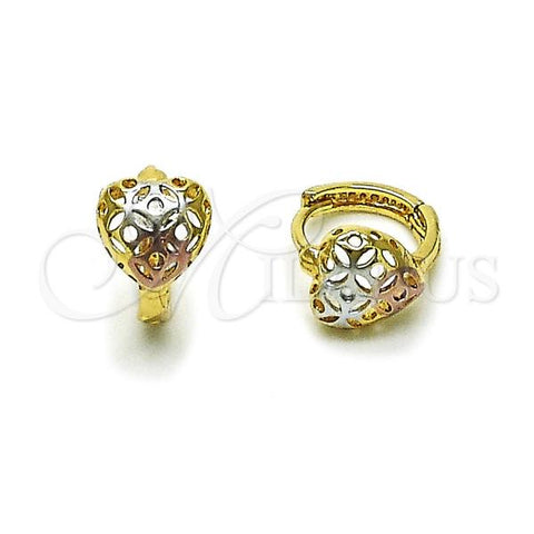 Oro Laminado Huggie Hoop, Gold Filled Style Heart Design, Polished, Tricolor, 02.196.0221.12