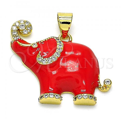 Oro Laminado Fancy Pendant, Gold Filled Style Elephant Design, with White Micro Pave, Red Enamel Finish, Golden Finish, 05.362.0003.1