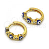 Oro Laminado Huggie Hoop, Gold Filled Style Evil Eye and Heart Design, with White Cubic Zirconia, Blue Enamel Finish, Golden Finish, 02.213.0362.15