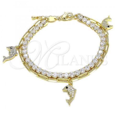 Oro Laminado Charm Bracelet, Gold Filled Style Dolphin and Paperclip Design, with White Cubic Zirconia and White Micro Pave, Polished, Golden Finish, 03.63.2182.08