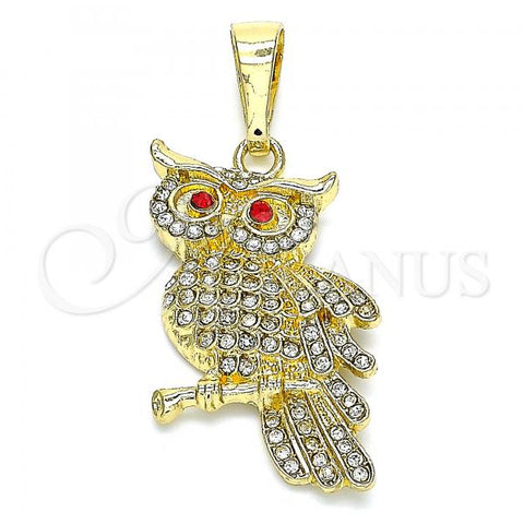Oro Laminado Fancy Pendant, Gold Filled Style Owl Design, with White and Garnet Micro Pave, Polished, Golden Finish, 05.351.0097