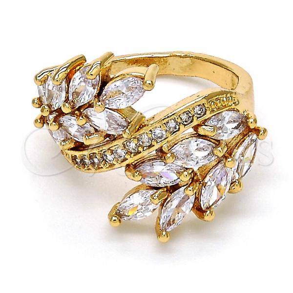 Oro Laminado Multi Stone Ring, Gold Filled Style Leaf Design, with White Cubic Zirconia, Polished, Golden Finish, 01.210.0034.09 (Size 9)