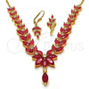 Oro Laminado Necklace and Earring, Gold Filled Style Leaf Design, with Ruby Cubic Zirconia, Polished, Golden Finish, 06.221.0001